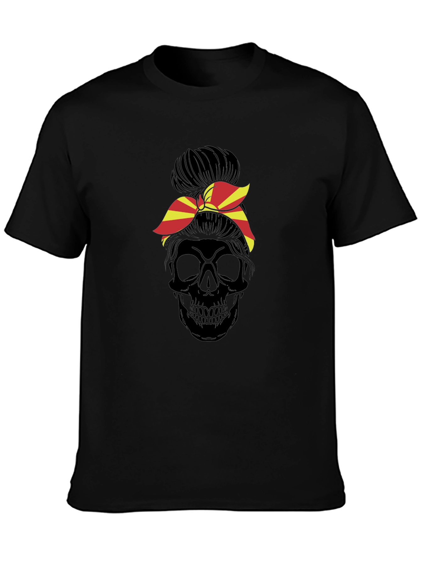 Skull Messy Bun T-Shirt - Macedonia Flag