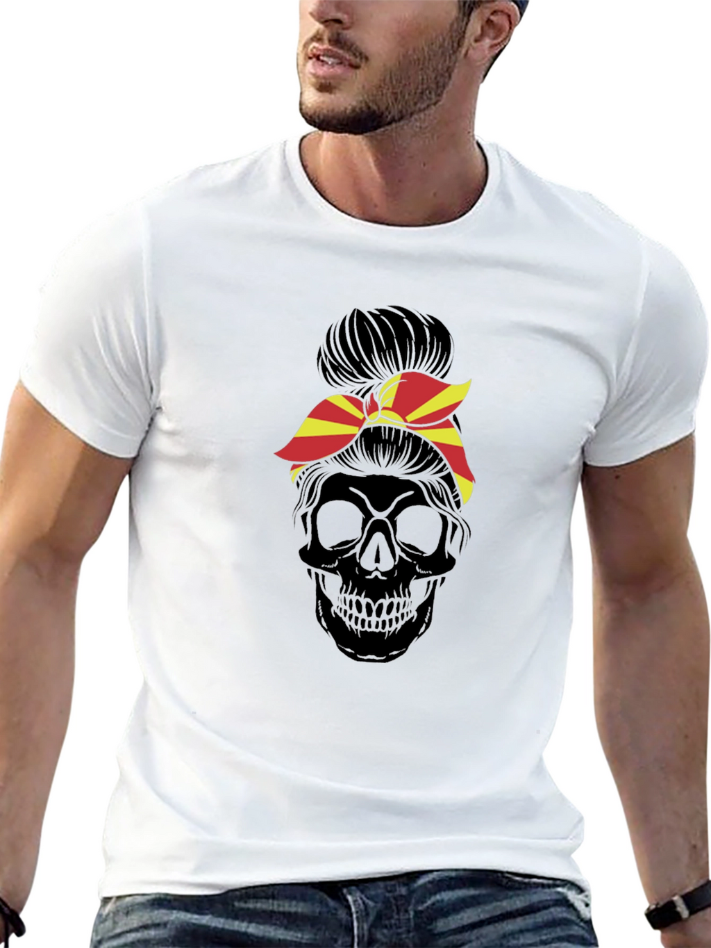 Skull Messy Bun T-Shirt - Macedonia Flag