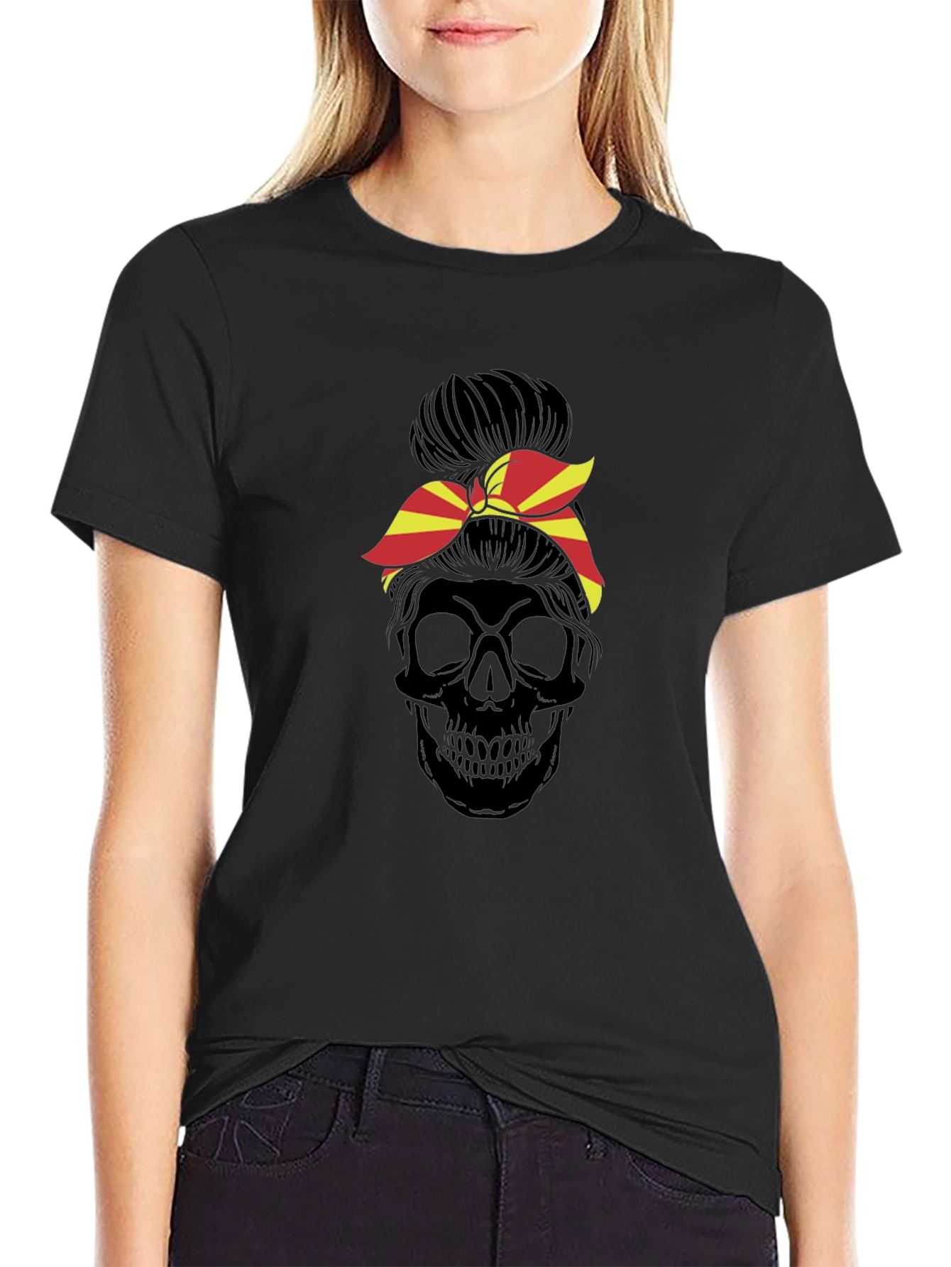 Skull Messy Bun T-Shirt - Macedonia Flag