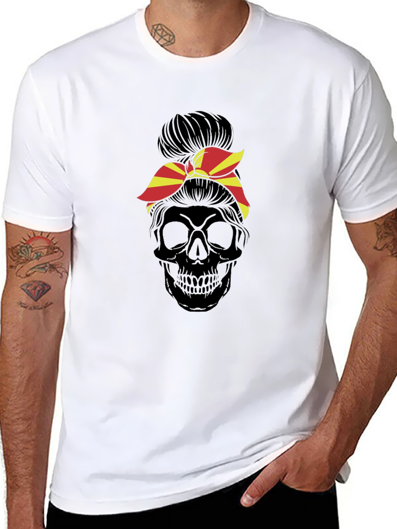 Skull Messy Bun T-Shirt - Macedonia Flag