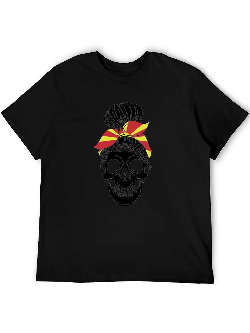 Skull Messy Bun T-Shirt - Macedonia Flag