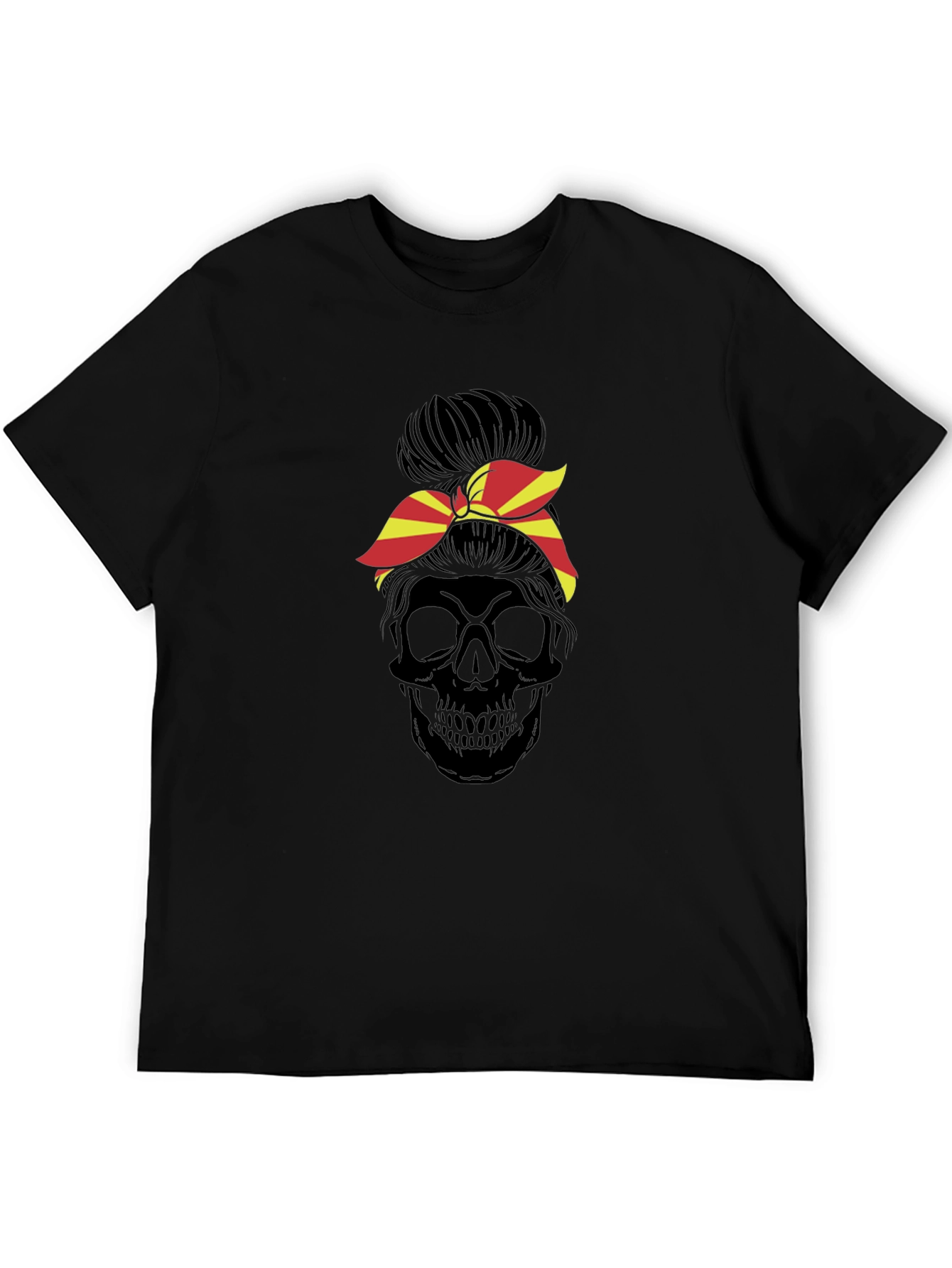 Skull Messy Bun T-Shirt - Macedonia Flag