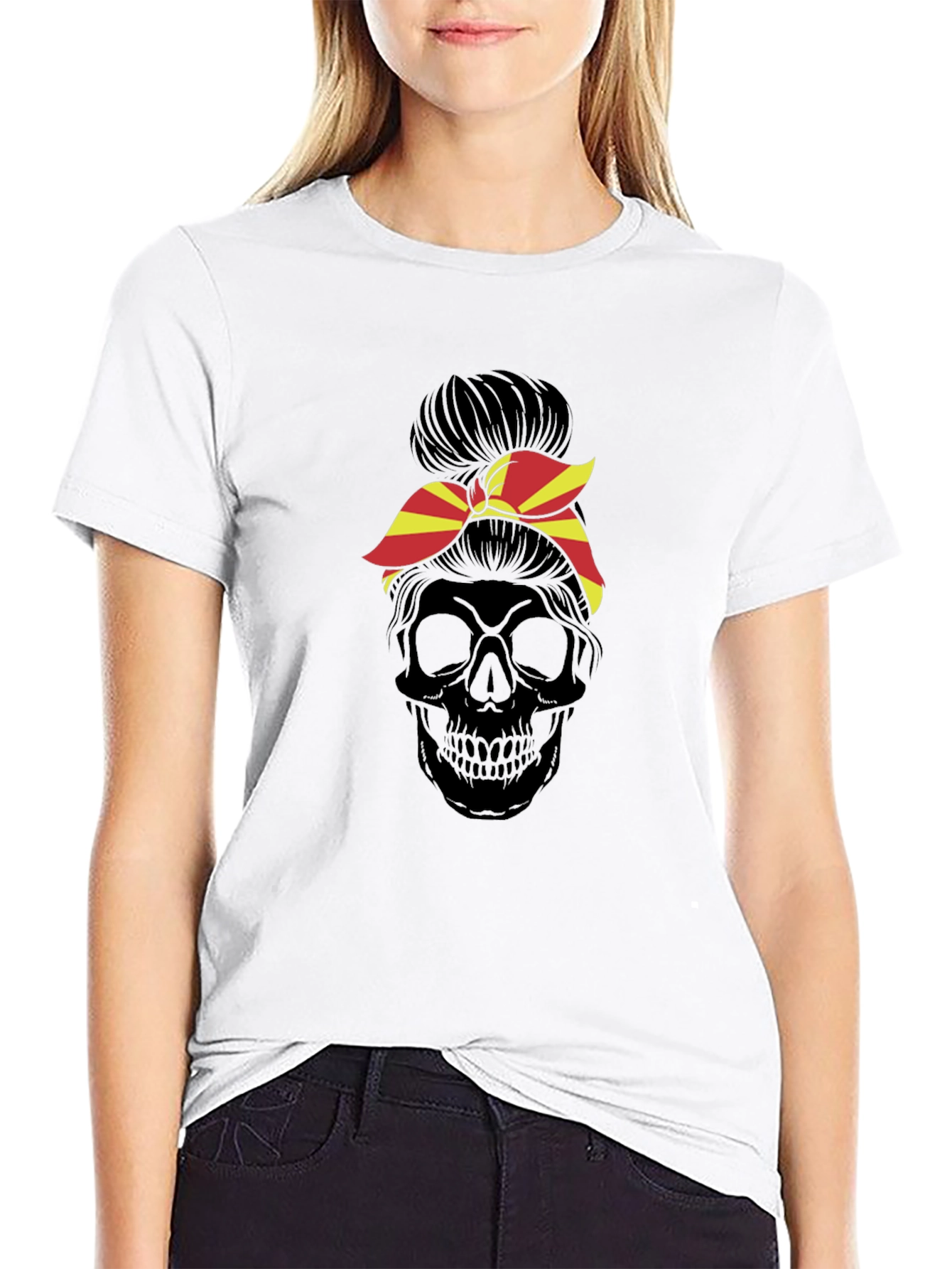 Skull Messy Bun T-Shirt - Macedonia Flag