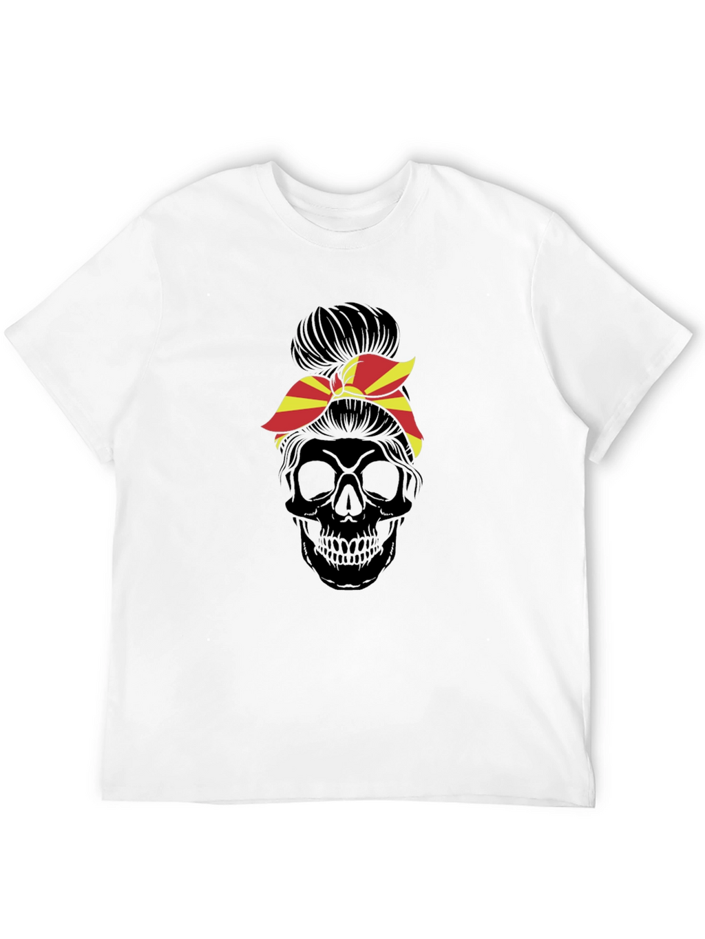 Skull Messy Bun T-Shirt - Macedonia Flag