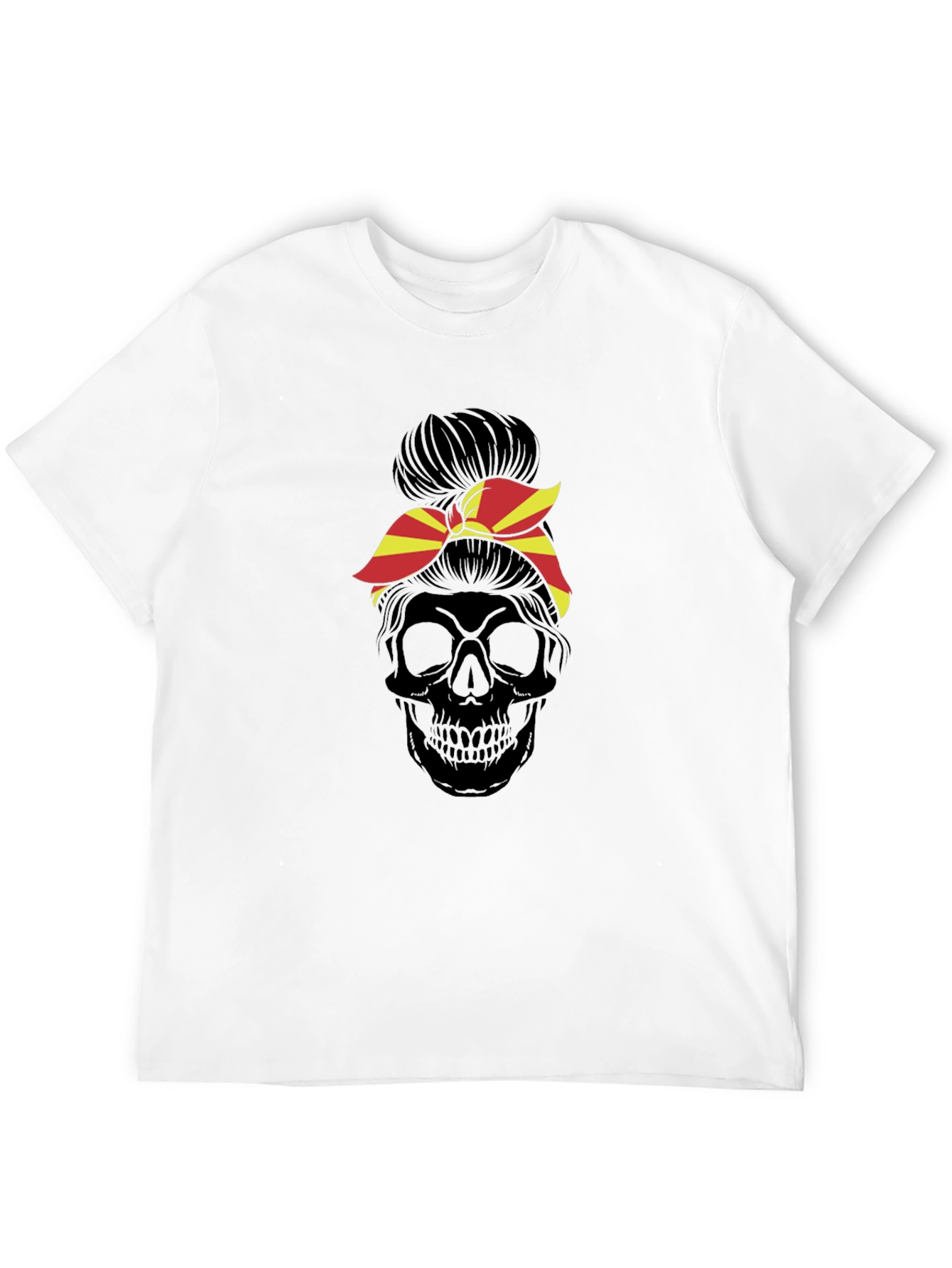 Skull Messy Bun T-Shirt - Macedonia Flag