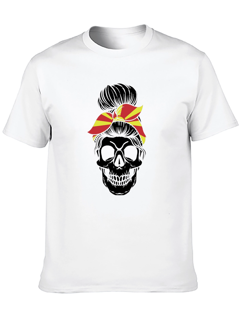 Skull Messy Bun T-Shirt - Macedonia Flag