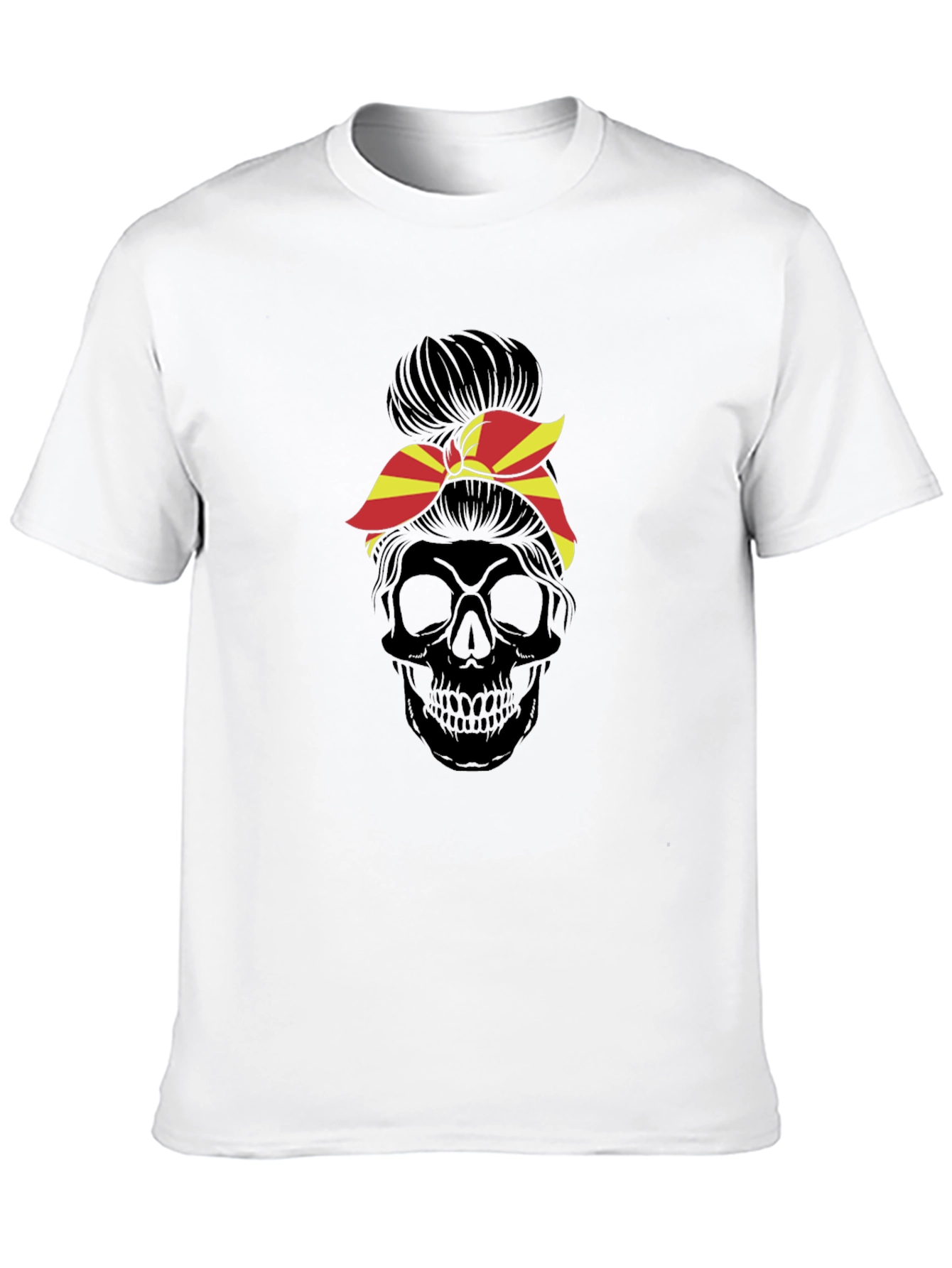 Skull Messy Bun T-Shirt - Macedonia Flag