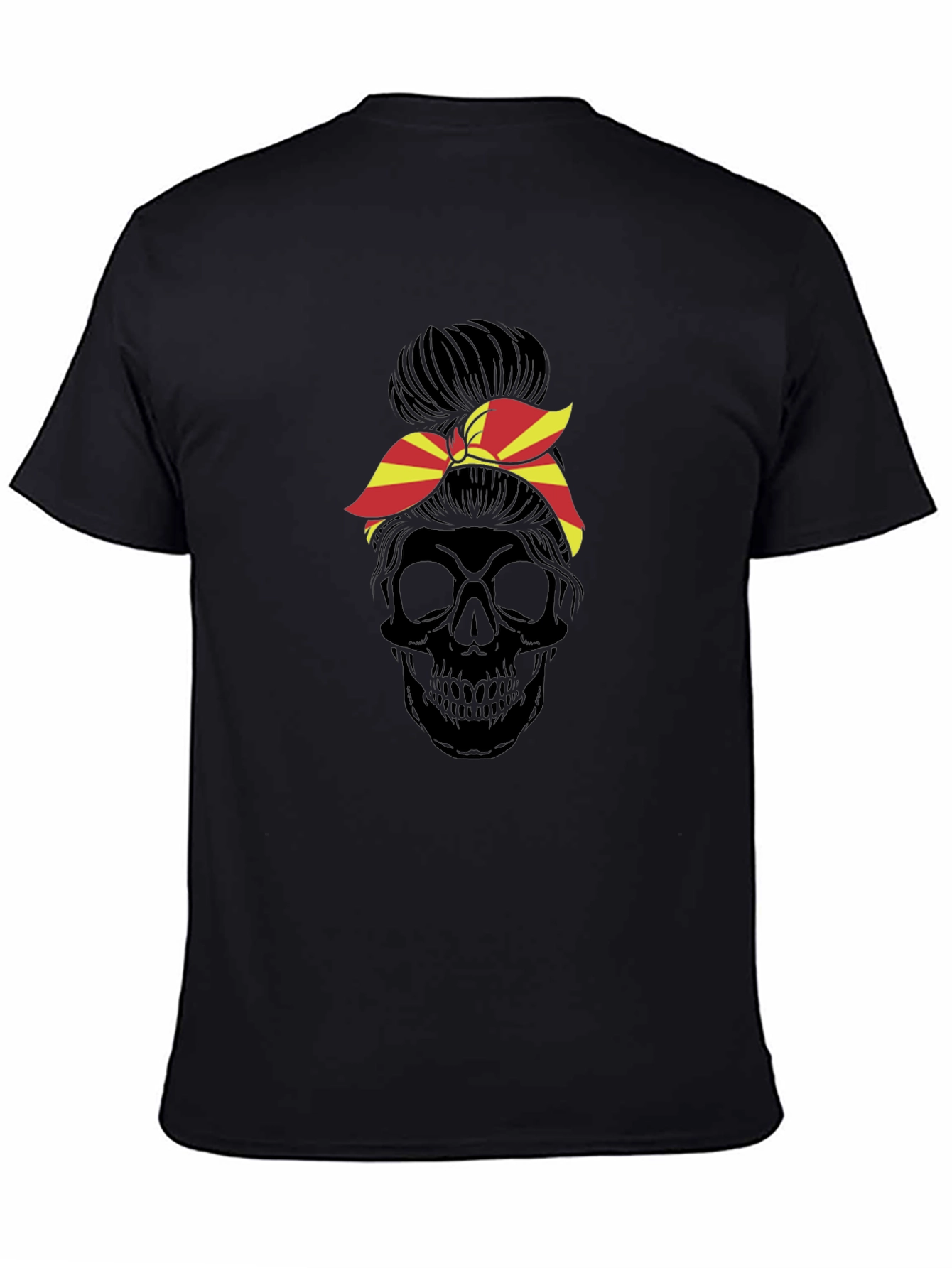 Skull Messy Bun T-Shirt - Macedonia Flag