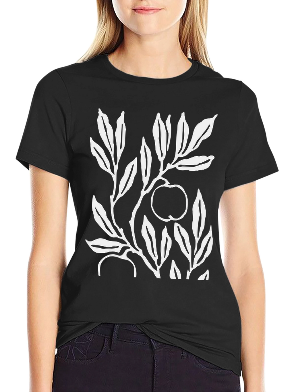 Botanical Apple Branch Print Black T-Shirt