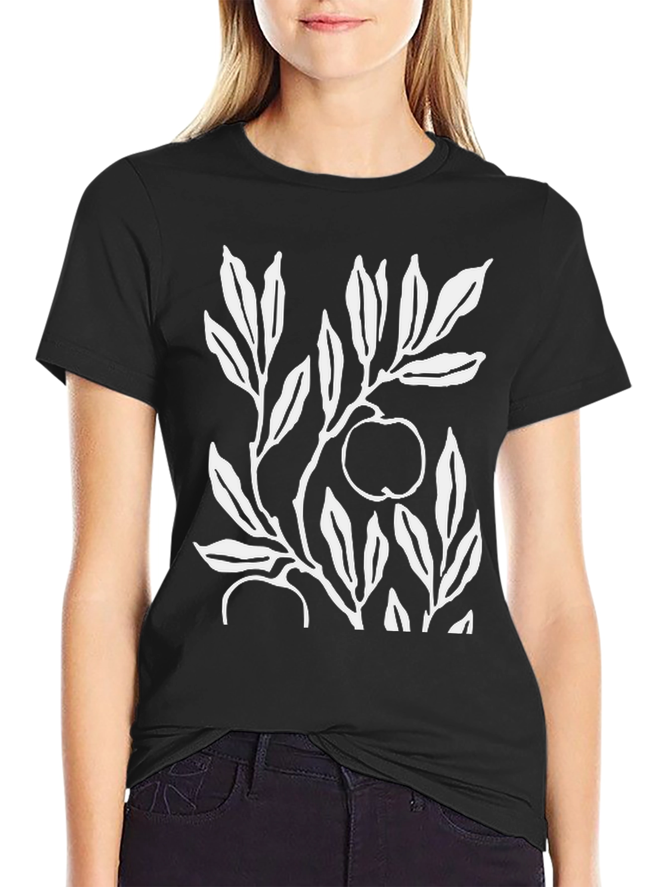 Botanical Apple Branch Print Black T-Shirt