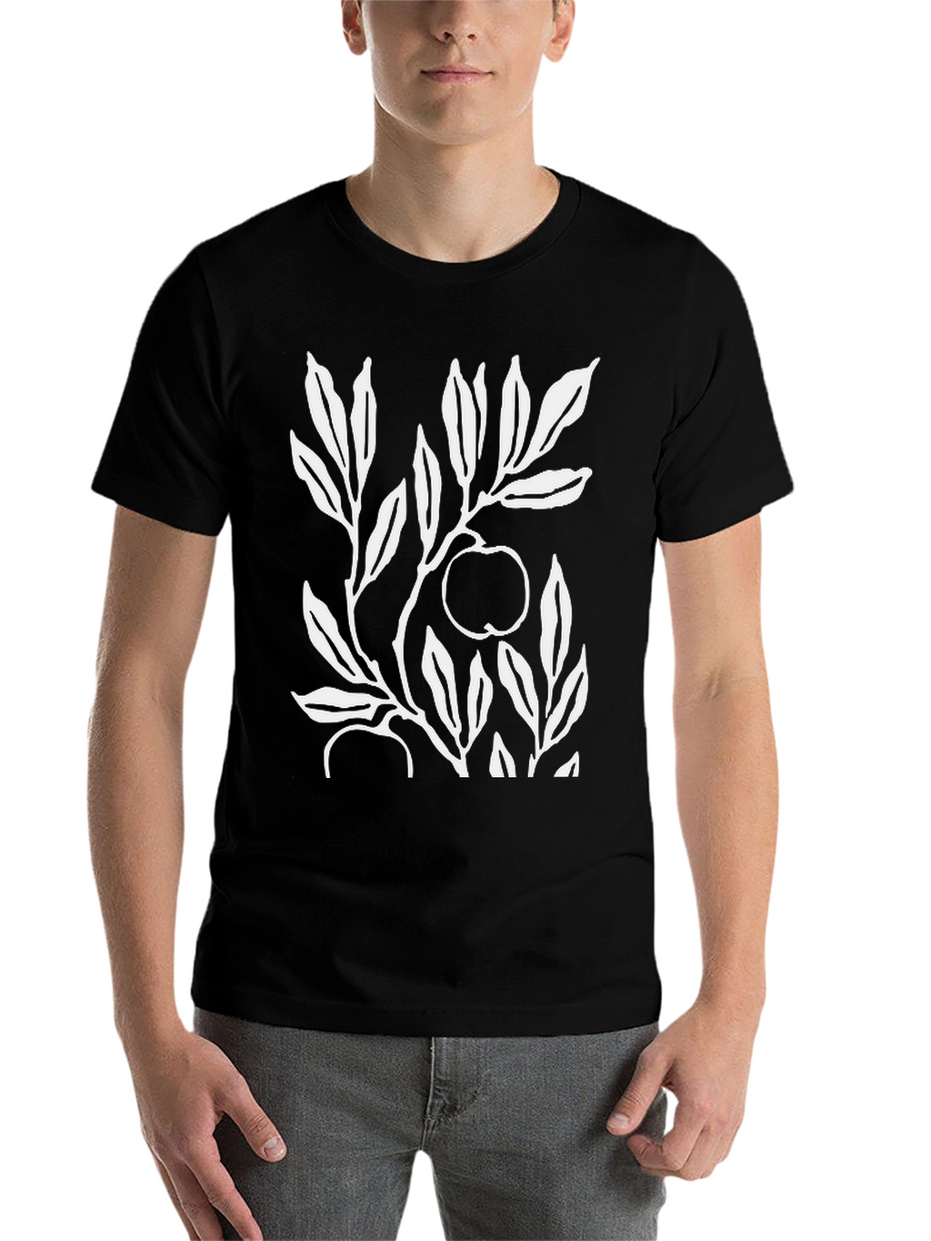 Botanical Apple Branch Print Black T-Shirt