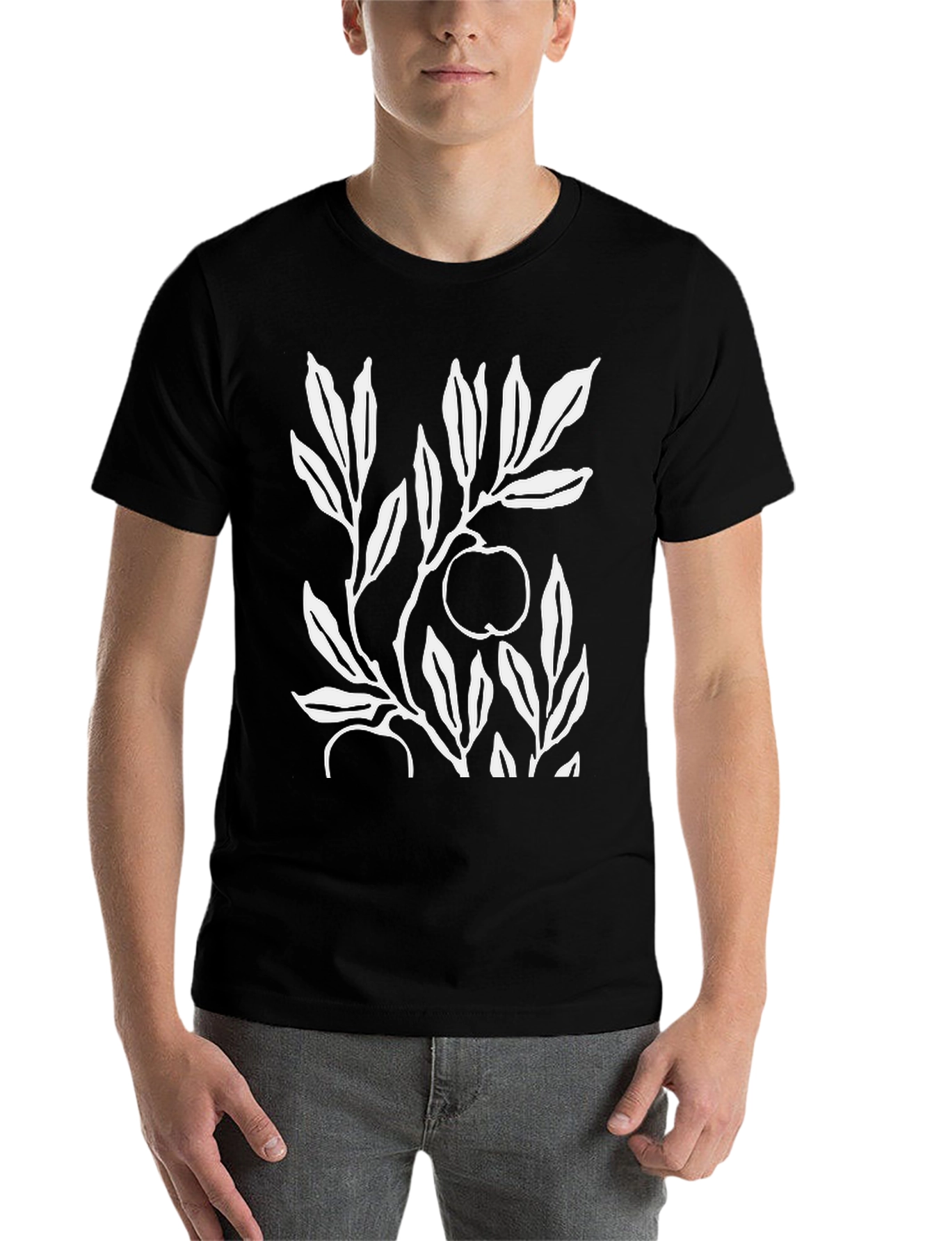 Botanical Apple Branch Print Black T-Shirt