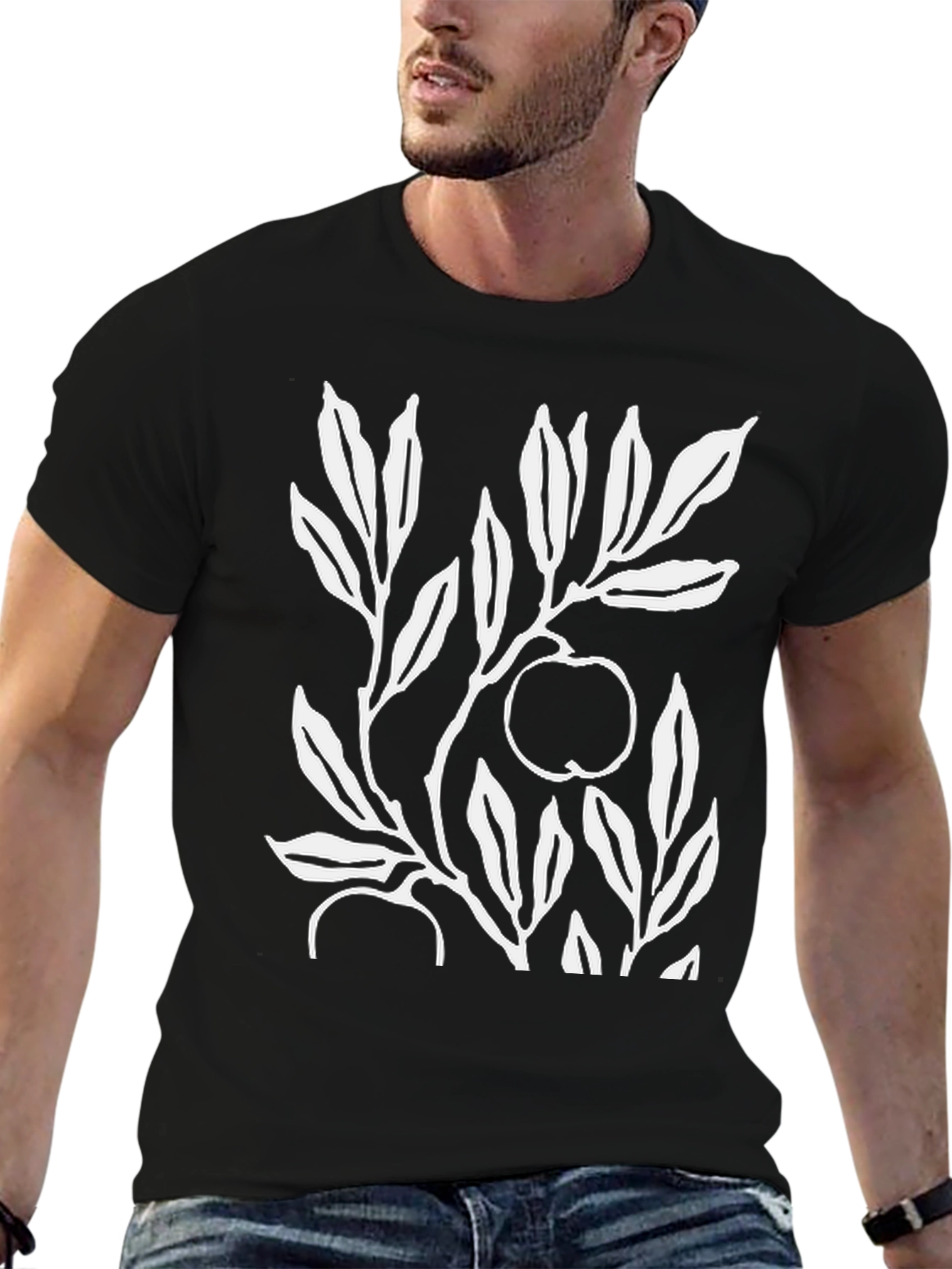 Botanical Apple Branch Print Black T-Shirt