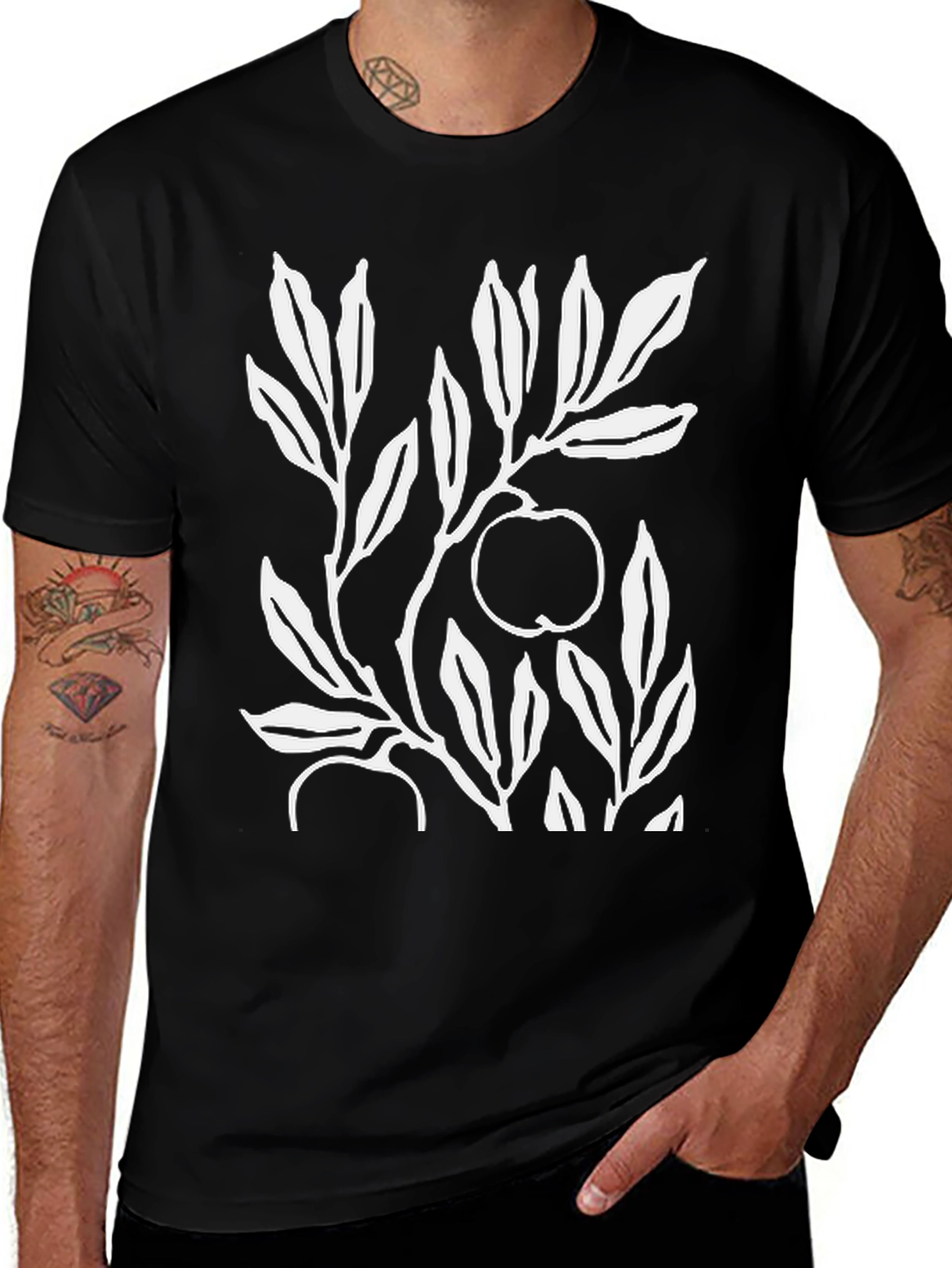 Botanical Apple Branch Print Black T-Shirt