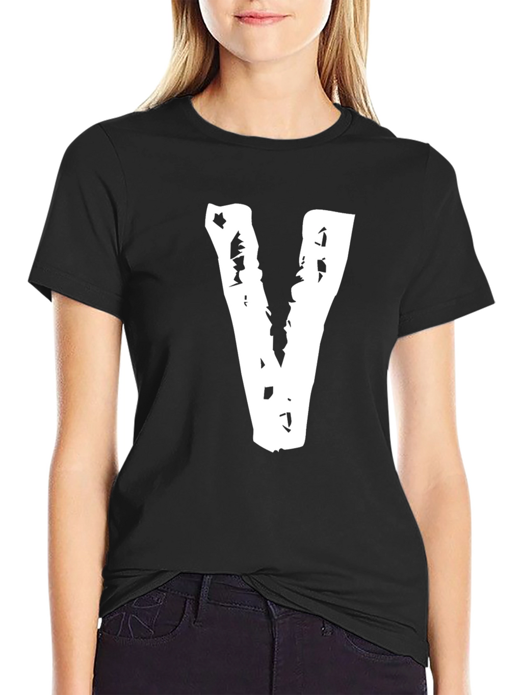 Black Tee with Distressed White V