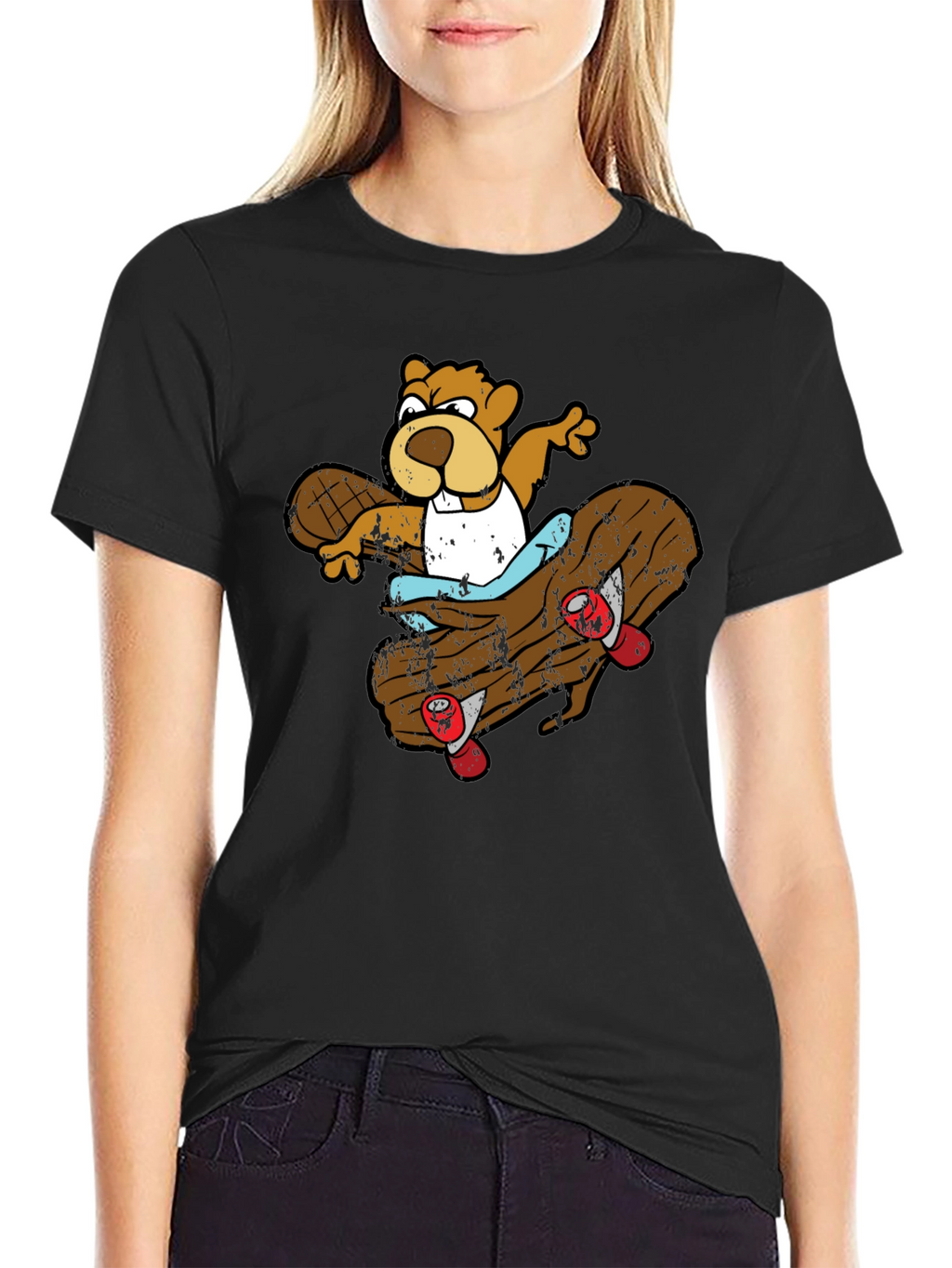Skating Beaver Graphic T-Shirt - Black