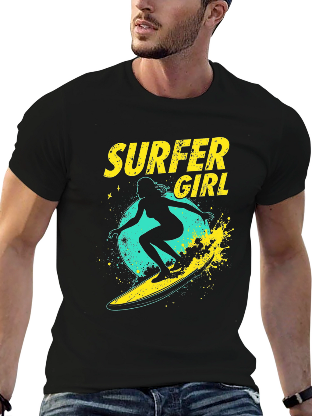 Surfer Girl Graphic Tee - Black Cotton T-Shirt