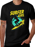 Surfer Girl Graphic Tee - Black Cotton T-Shirt