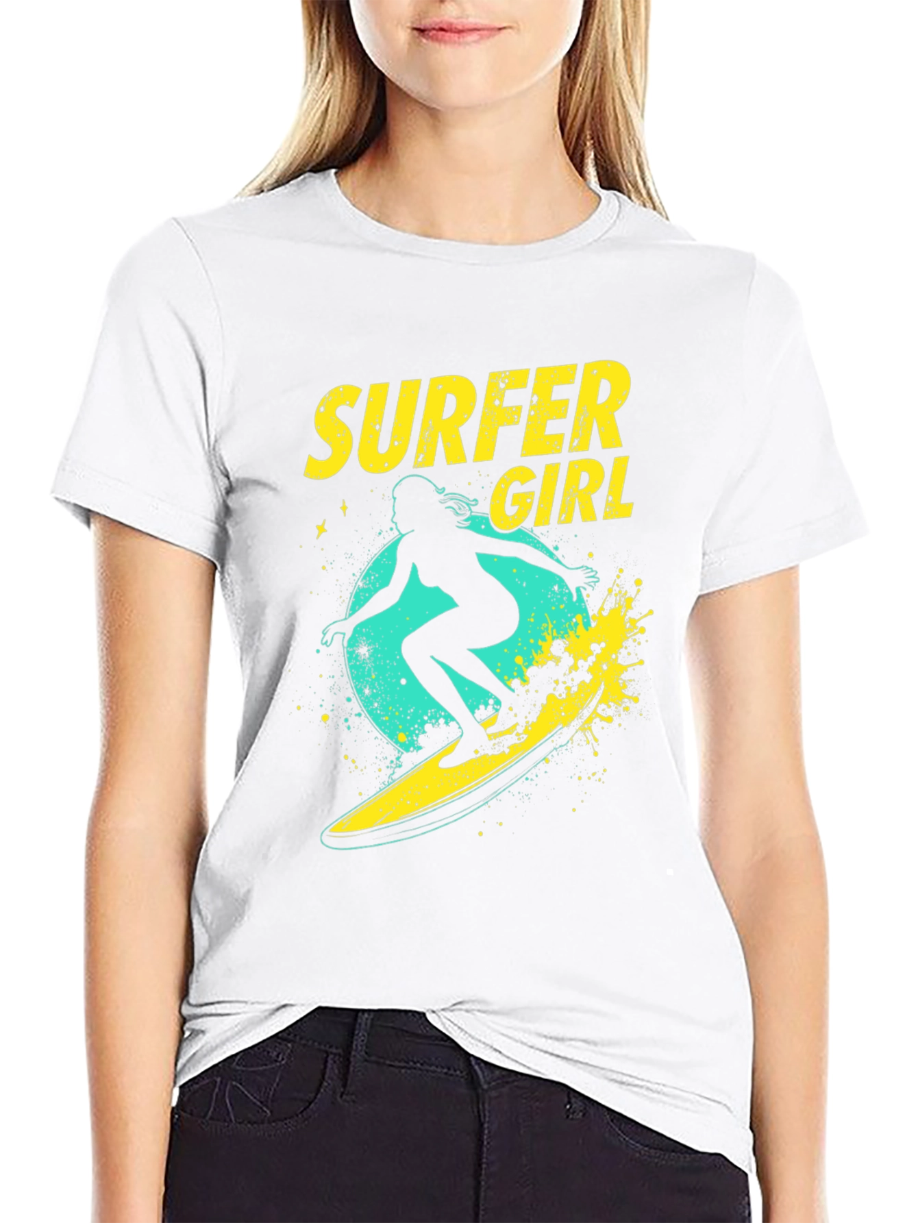 Surfer Girl Graphic Tee - Black Cotton T-Shirt