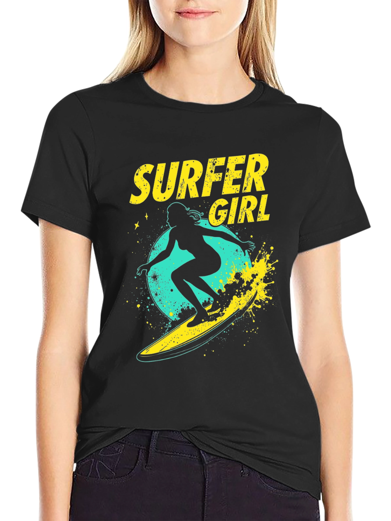 Surfer Girl Graphic Tee - Black Cotton T-Shirt