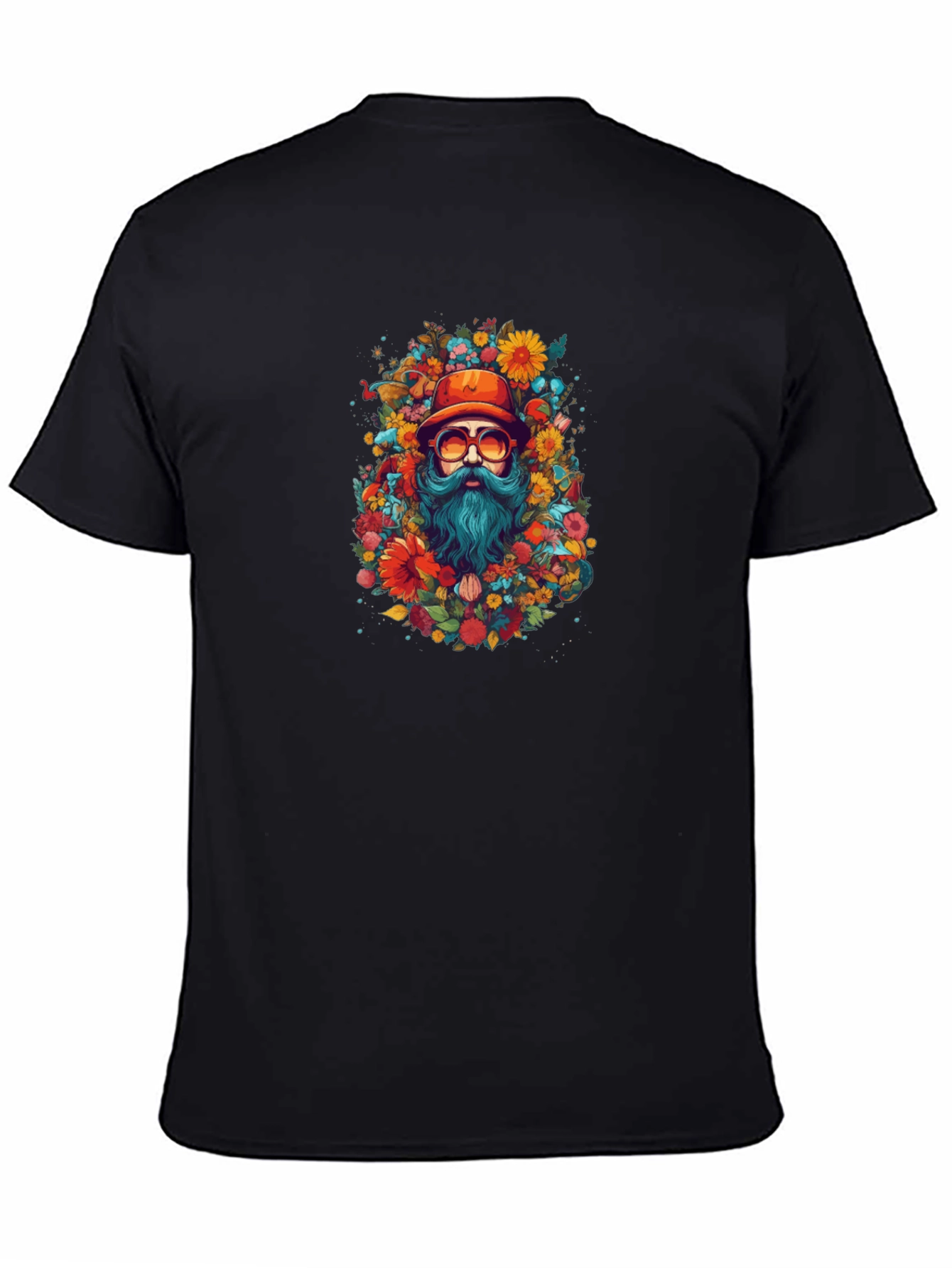 Floral Bearded Man Black T-Shirt