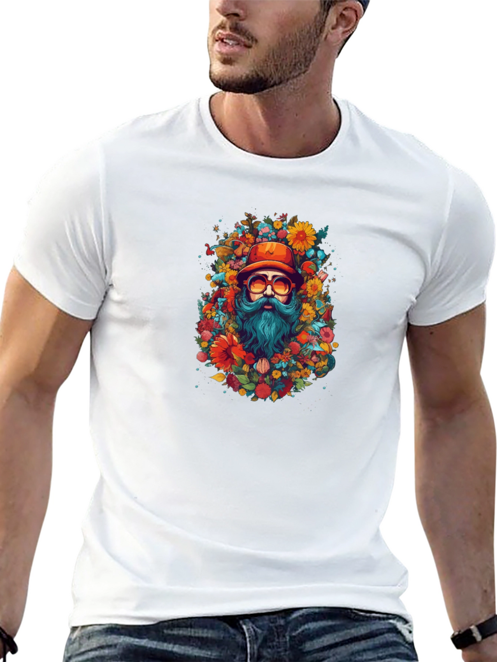 Floral Bearded Man Black T-Shirt