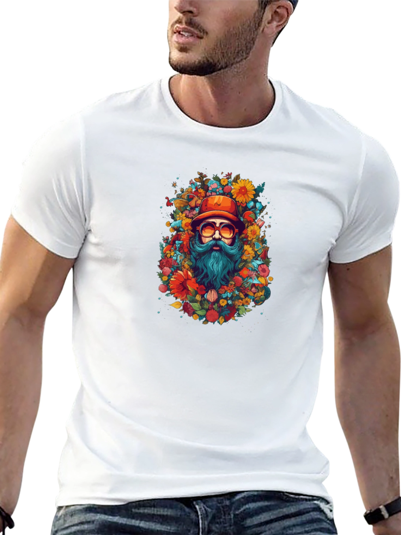 Floral Bearded Man Black T-Shirt