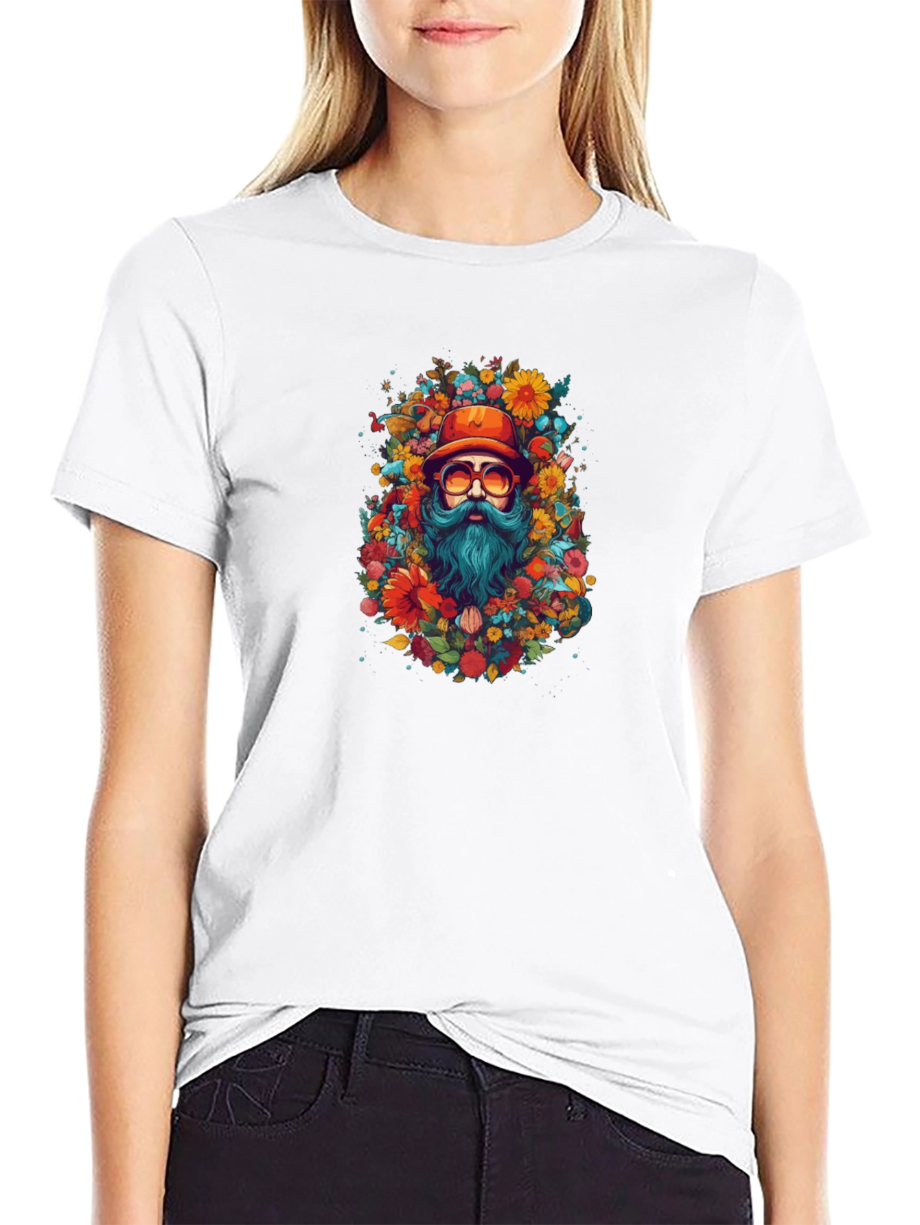 Floral Bearded Man Black T-Shirt