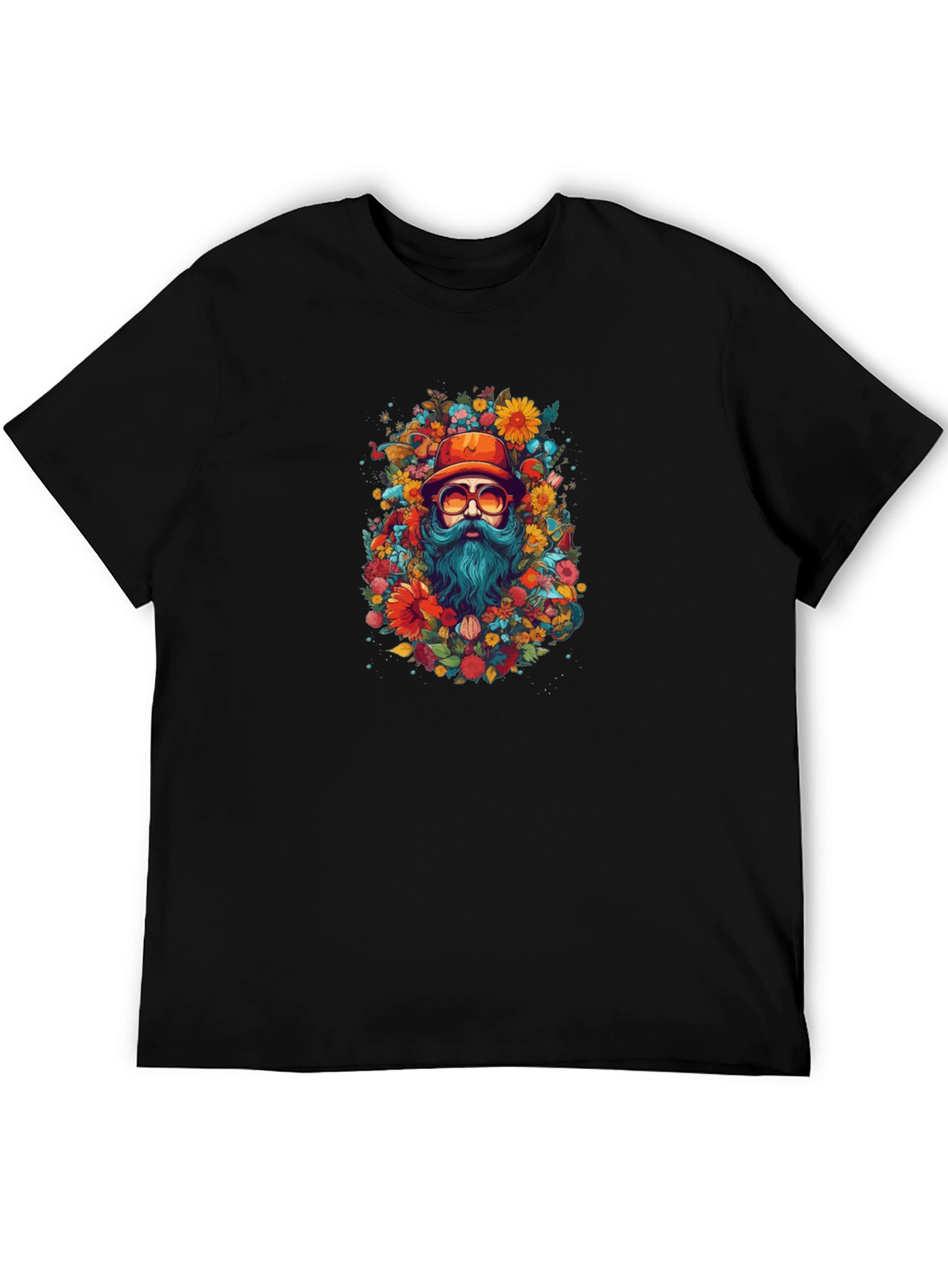 Floral Bearded Man Black T-Shirt
