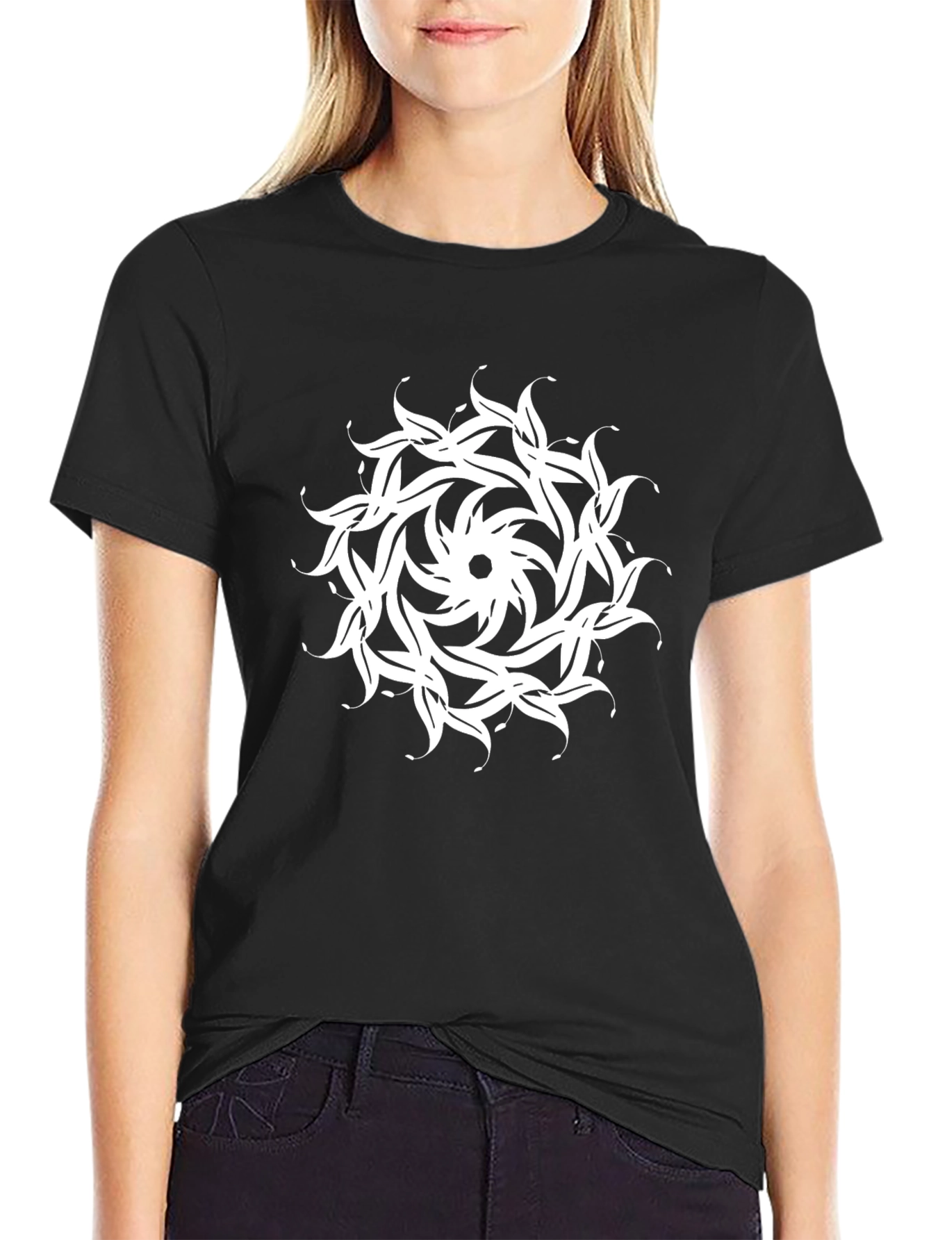 Black T-Shirt with White Floral Mandala Design