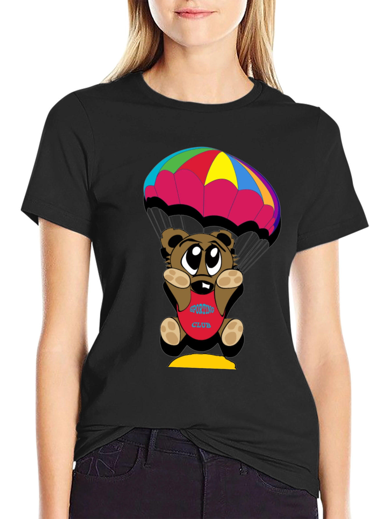 Cartoon Bear Parachute Black T-Shirt