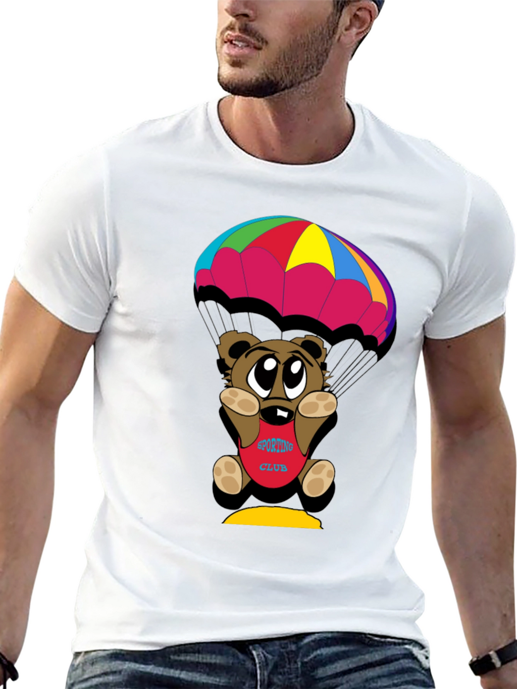 Cartoon Bear Parachute Black T-Shirt