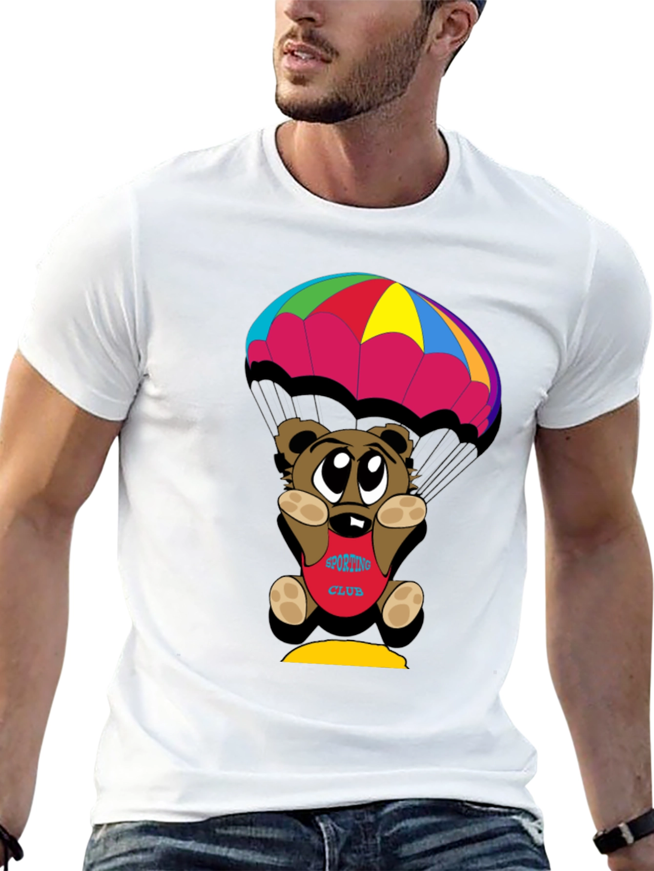 Cartoon Bear Parachute Black T-Shirt