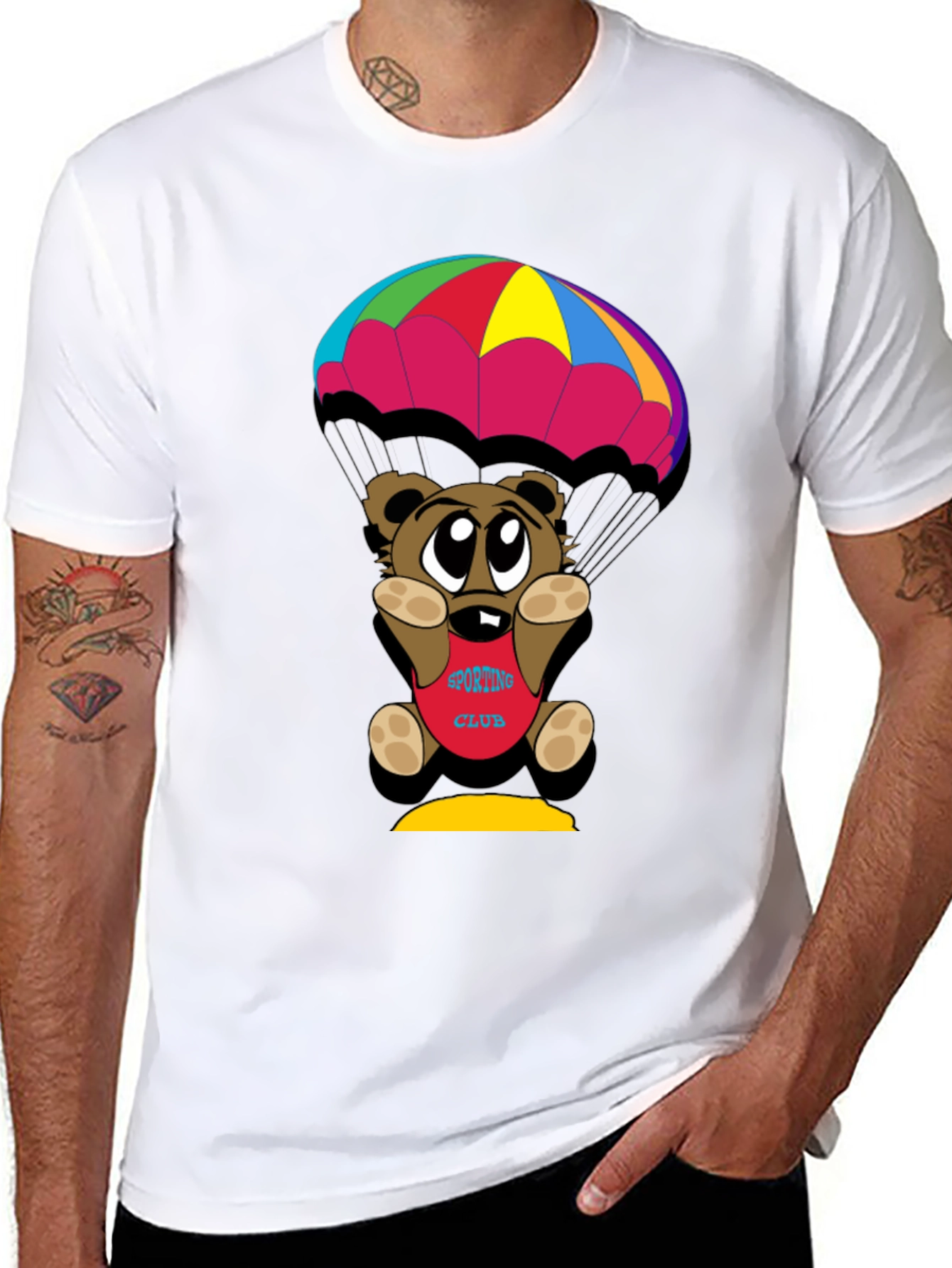 Cartoon Bear Parachute Black T-Shirt