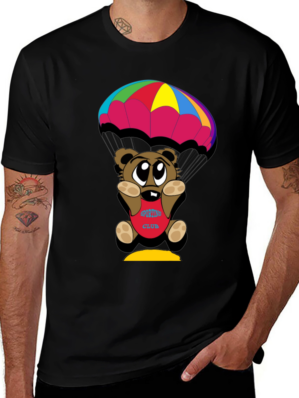 Cartoon Bear Parachute Black T-Shirt