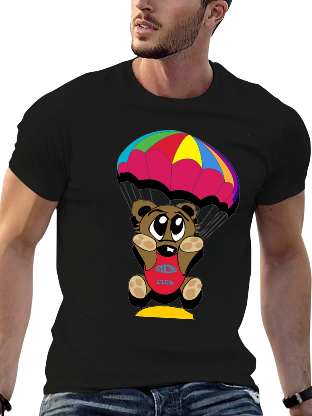 Cartoon Bear Parachute Black T-Shirt
