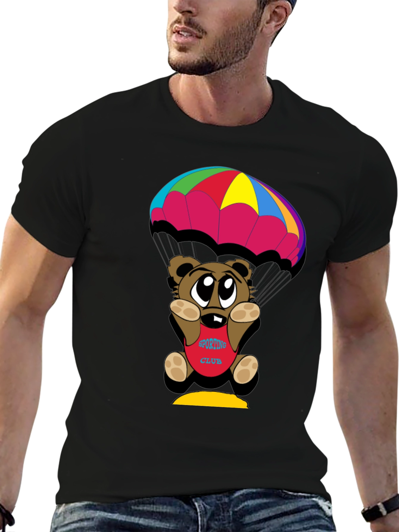 Cartoon Bear Parachute Black T-Shirt