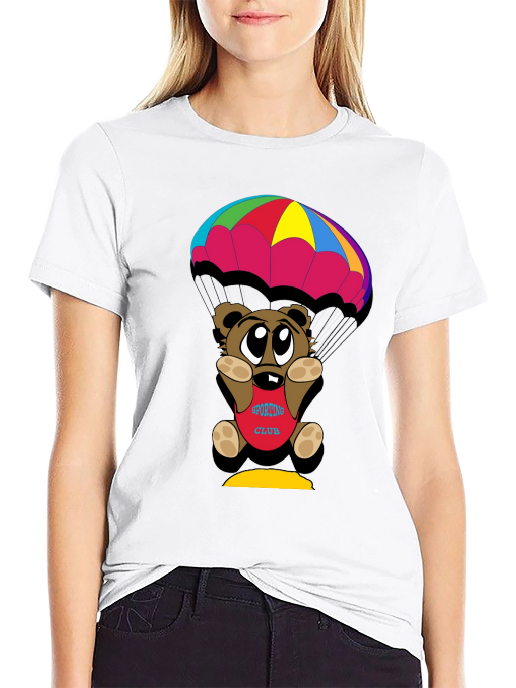 Cartoon Bear Parachute Black T-Shirt