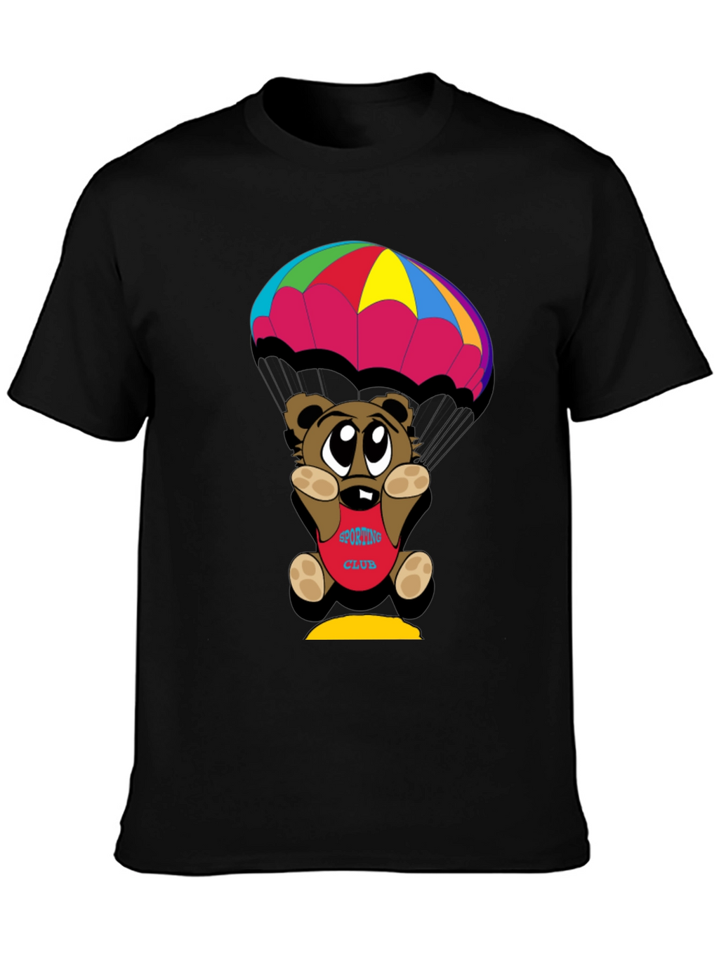 Cartoon Bear Parachute Black T-Shirt