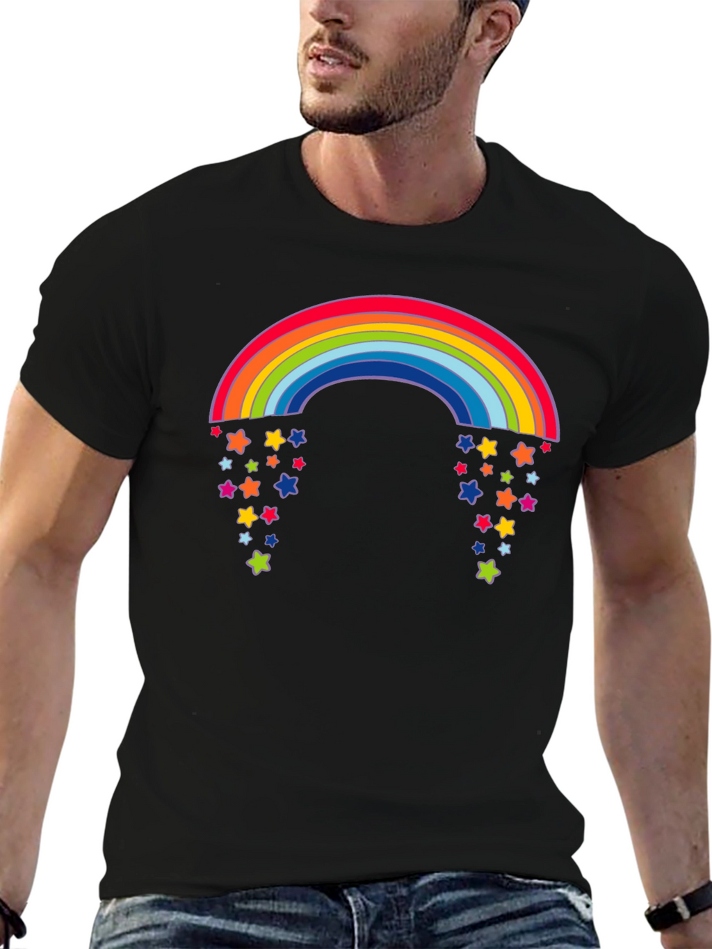 Rainbow Starfall Graphic Black T-Shirt