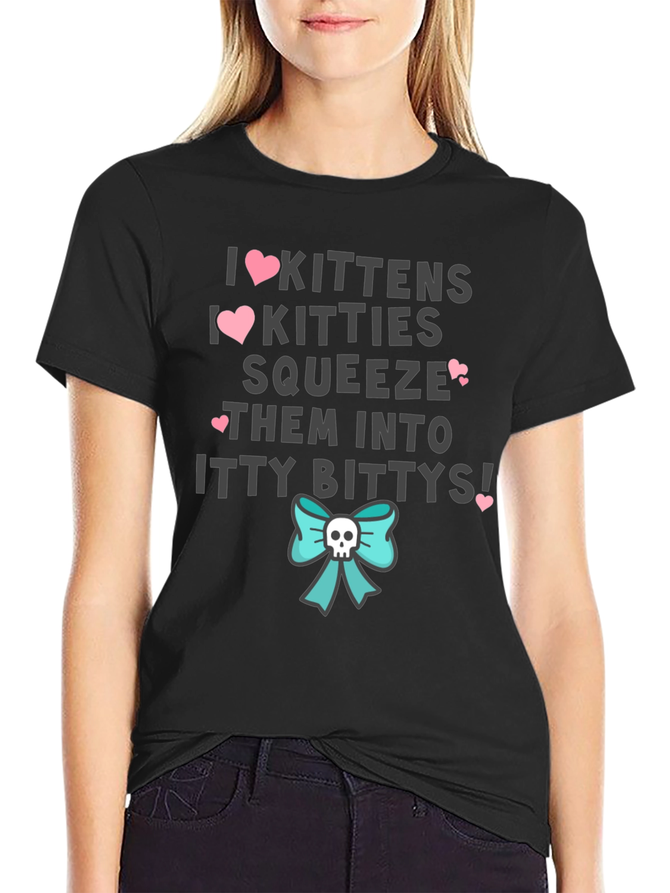 I Love Kittens & Kitties T-Shirt - Cute Skull Bow Graphic Tee