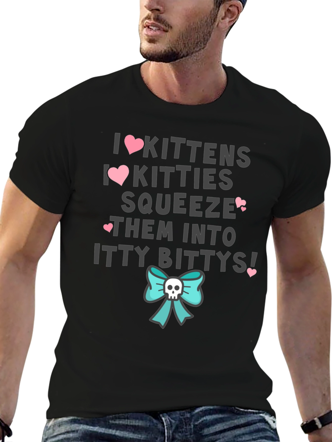 I Love Kittens & Kitties T-Shirt - Cute Skull Bow Graphic Tee