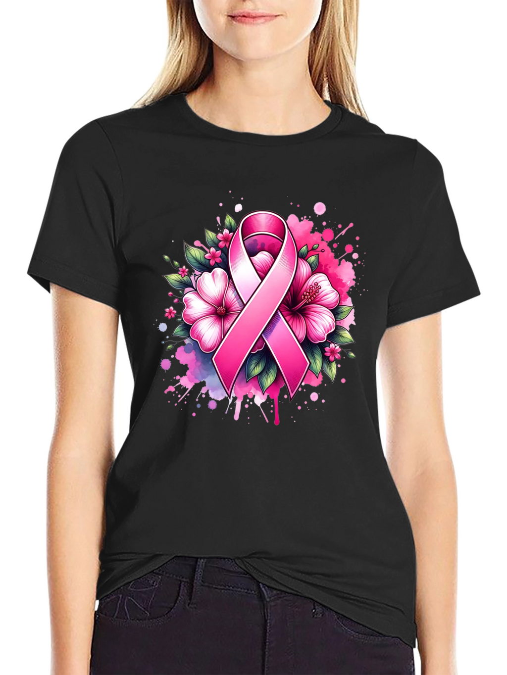 Breast Cancer Awareness Ribbon Floral T-Shirt