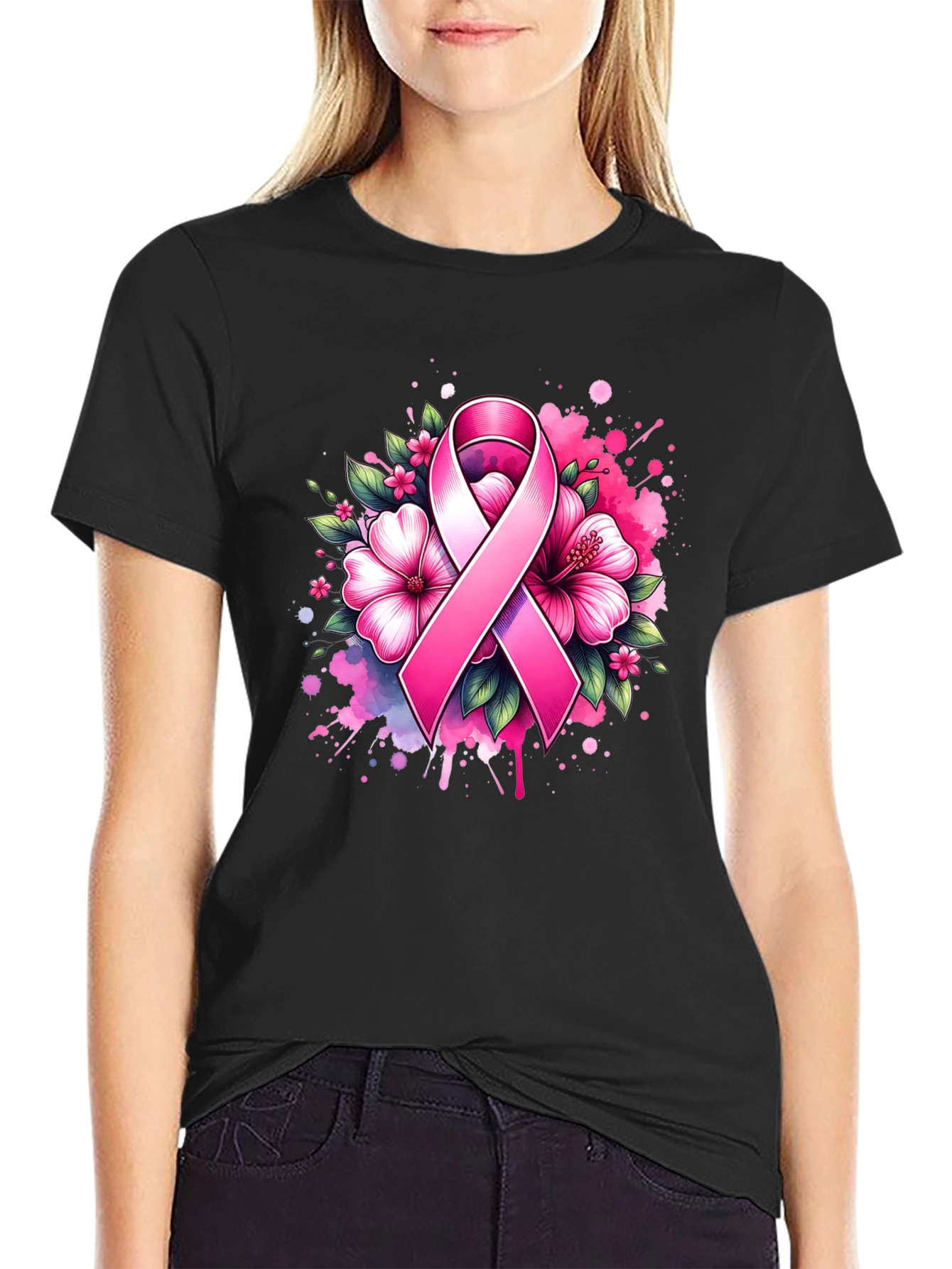 Breast Cancer Awareness Ribbon Floral T-Shirt