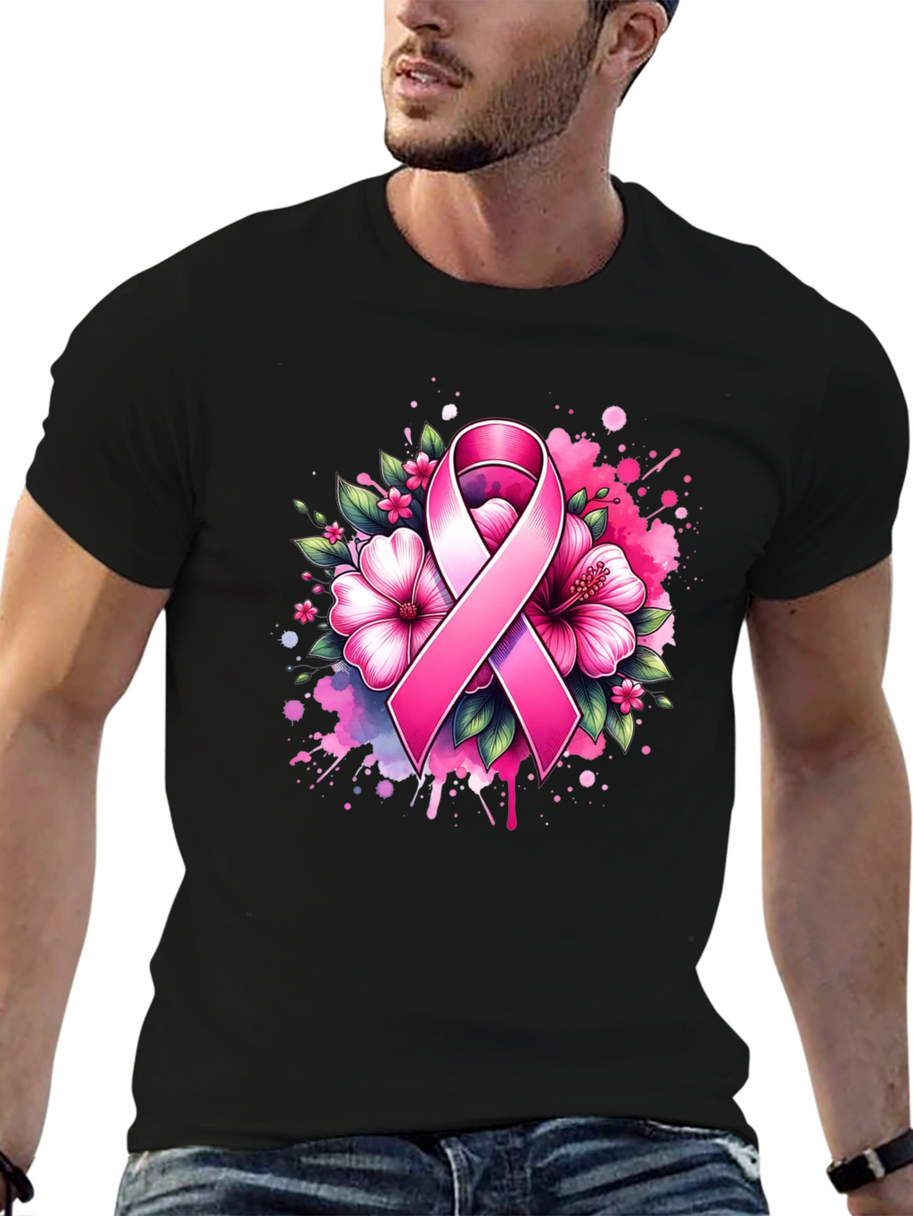 Breast Cancer Awareness Ribbon Floral T-Shirt