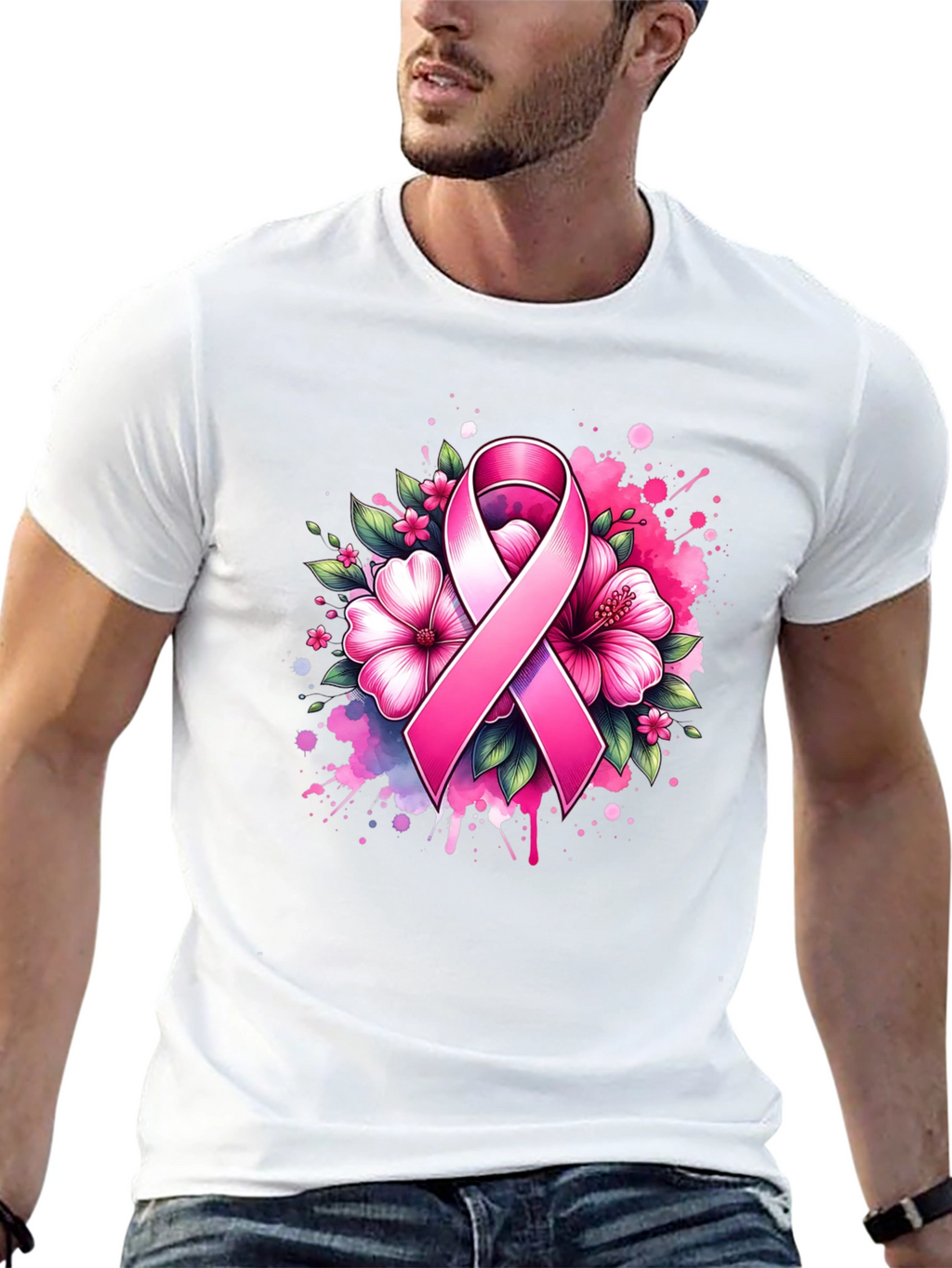 Breast Cancer Awareness Ribbon Floral T-Shirt