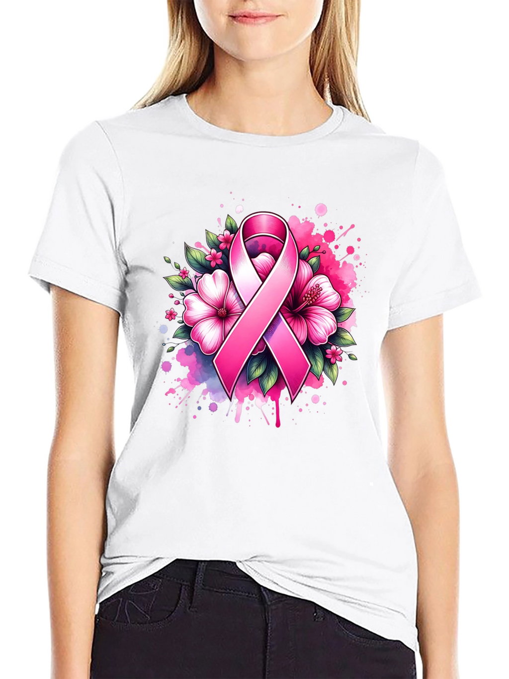 Breast Cancer Awareness Ribbon Floral T-Shirt