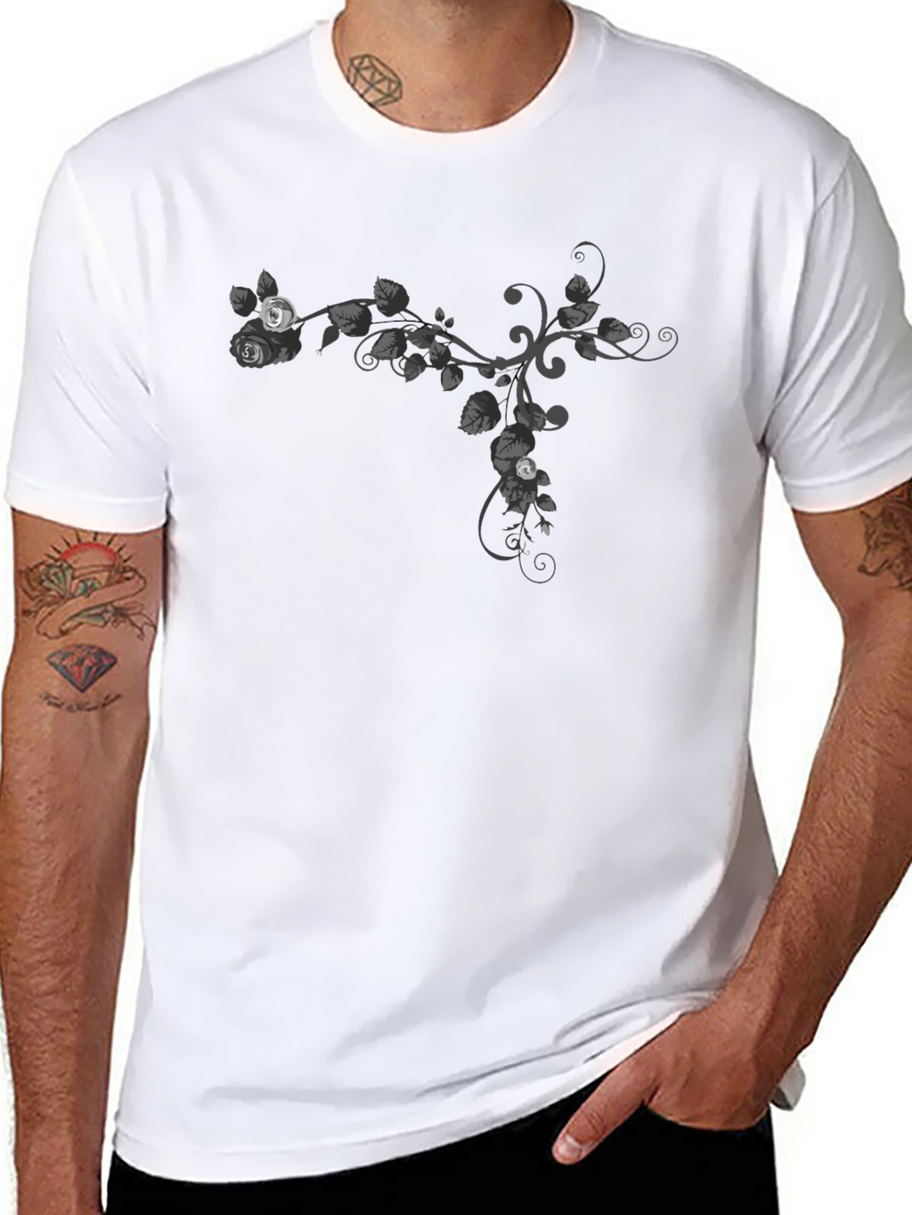 Floral Vine Graphic Tee - Casual Black T-Shirt