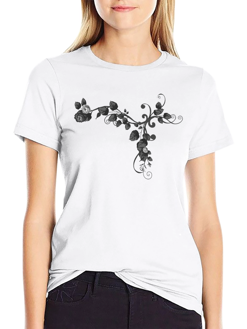 Floral Vine Graphic Tee - Casual Black T-Shirt