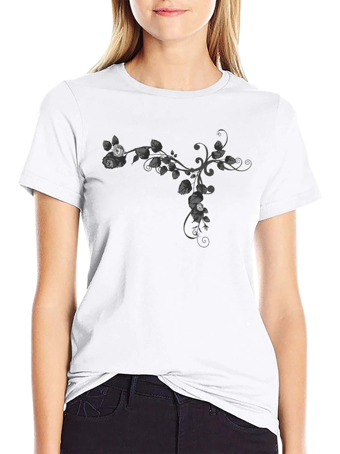 Floral Vine Graphic Tee - Casual Black T-Shirt